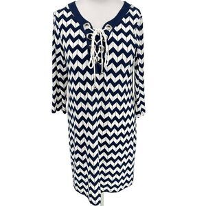 Haani Women's SZ L‎ Chevron Navy & White Print Jersey Drapey Knit Dress